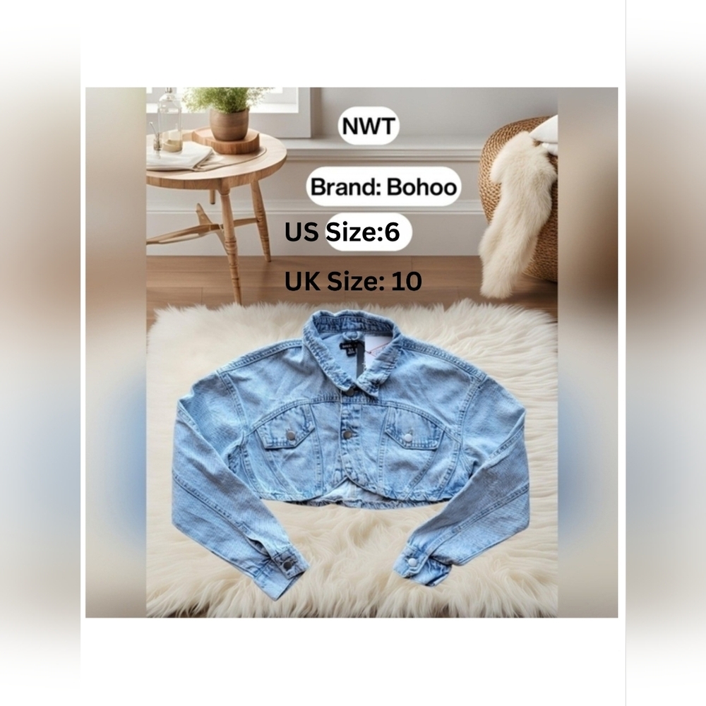 NWT Bohoo Women's Curved Hem Crop Denim Jacket US Size 6 And UK Size 10